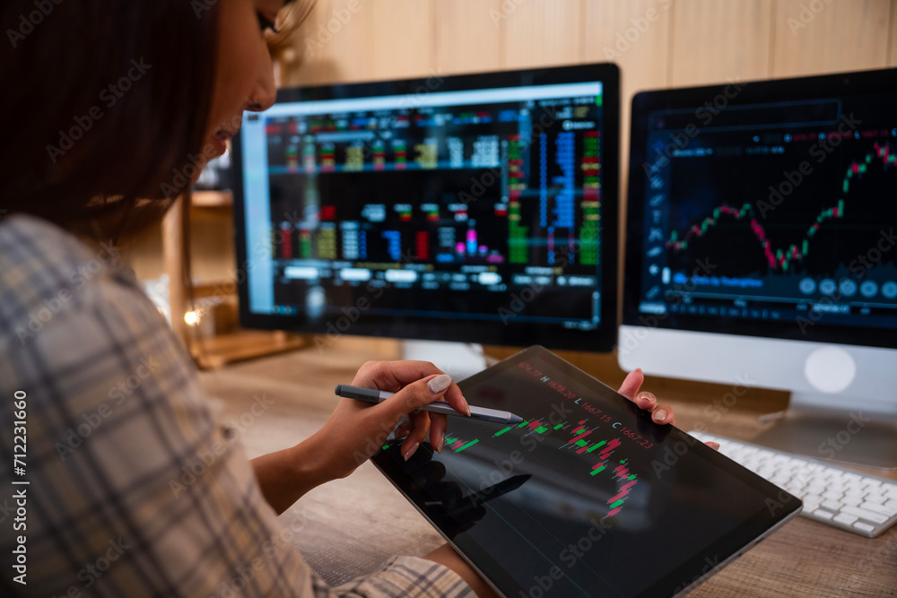 Woman is checking Bitcoin price chart on digital exchange on Digital Tablet Woman is checking Bitcoin price chart on digital exchange on Digital Tablet