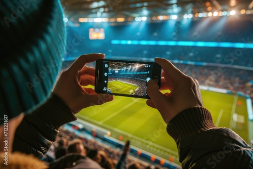 A hand with a smart phone in a stadium, during a sports event photo