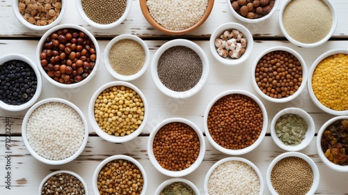 Top view of a set of various cereals, grains, legumes, flour in bowls on a white wooden background. Agricultural products concepts.