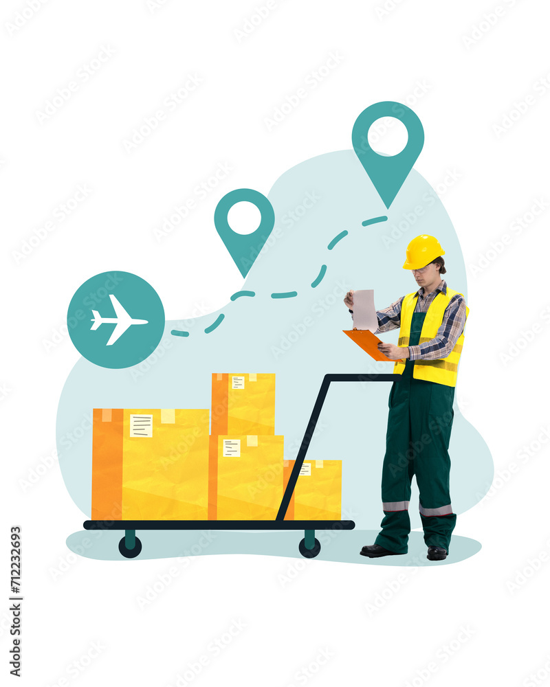 Contemporary art collage. Logistics worker with clipboard in front of world map and location pins, with packages. Concept of international post, import and export, worldwide tracking service.