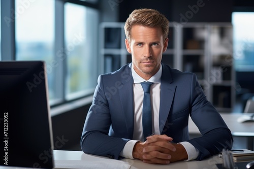 A portrait of a businessman with a serious expression. 