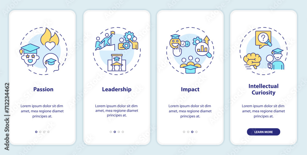 2D icons representing key qualities in applicant for admission mobile app screen set. Walkthrough 4 steps colorful graphic instructions with line icons concept, UI, UX, GUI template. 2D icons representing key qualities in applicant for admission mobile app screen set. Walkthrough 4 steps colorful graphic instructions with line icons concept, UI, UX, GUI template.