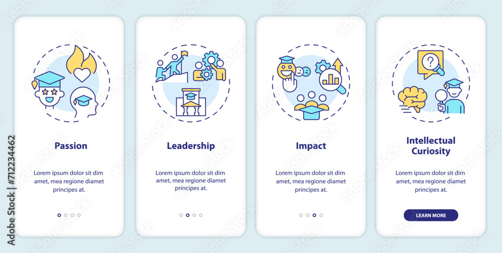 2D icons representing key qualities in applicant for admission mobile app screen set. Walkthrough 4 steps colorful graphic instructions with line icons concept, UI, UX, GUI template.