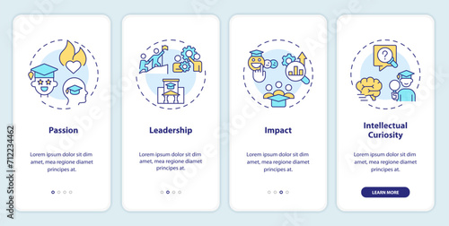 2D icons representing key qualities in applicant for admission mobile app screen set. Walkthrough 4 steps colorful graphic instructions with line icons concept, UI, UX, GUI template.