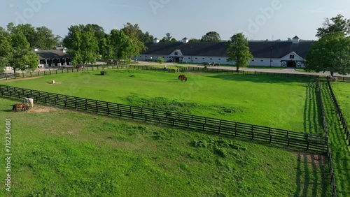 Lush pastures with horses at the Kentucky Horse Park, enclosed by dark fences. Aerial during summer. photo