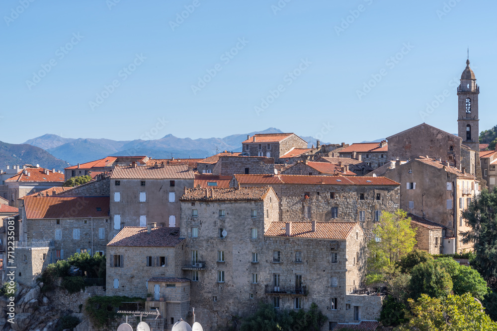 View on the beautiful village of Sartene on a bright sunny day, Corsica, France