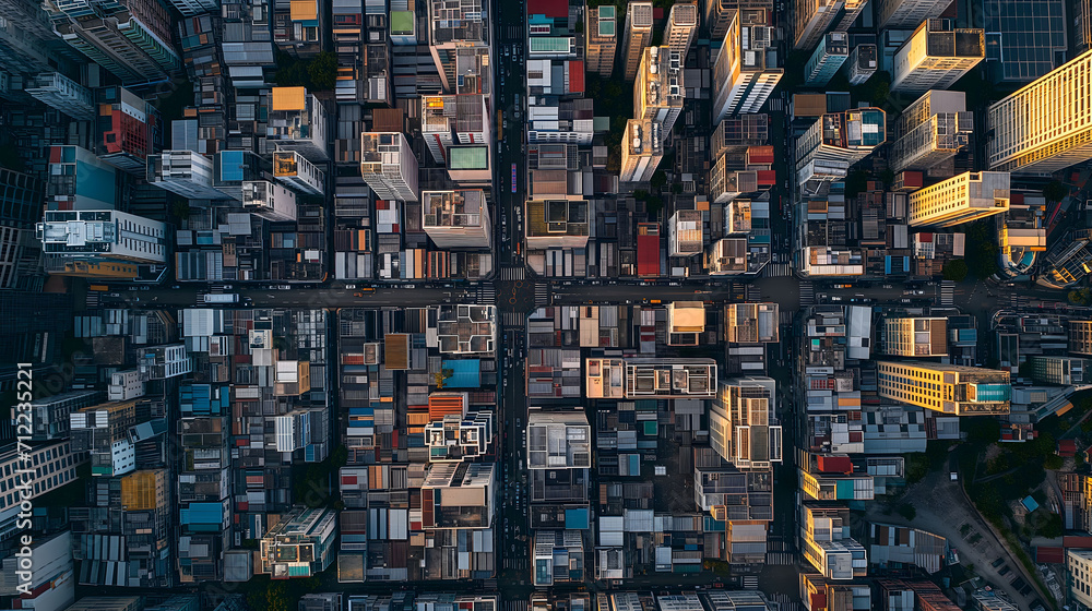 Background, an aerial view of a densely built urban area with various buildings, including residential and commercial structures.