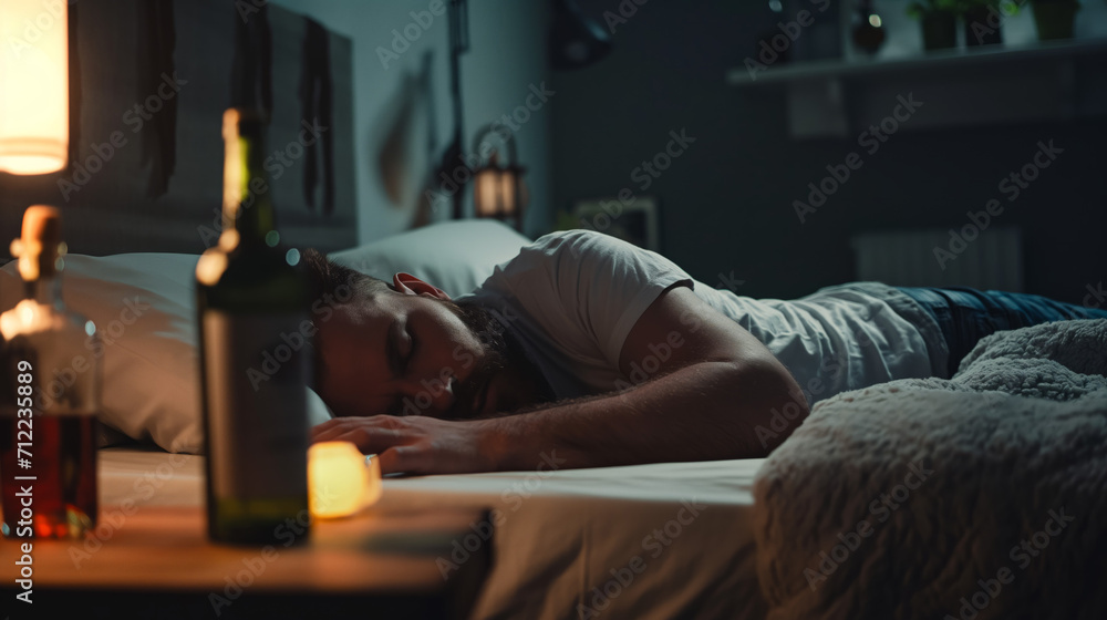 A man peacefully asleep on a bed, with a bottle of wine resting beside him. A man peacefully asleep on a bed, with a bottle of wine resting beside him.