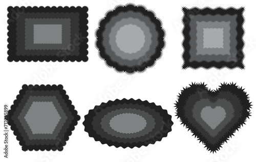 Set of Zigzag Edge Concentric circle, Squares, oval, heart Grey Icon and shape. Wavy Edge Rectangle, circle Shapes Icon Set on white background. Six shape and vector with zig zag edge.