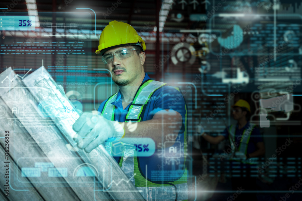 Team of Engineers Use Tablet with visualize screen of the data statistic with ai technology in factory. Team of Engineers Use Tablet with visualize screen of the data statistic with ai technology in factory.
