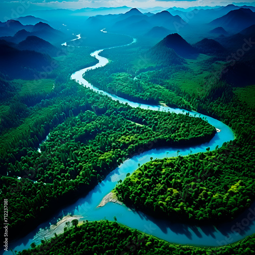 Aerial top view Tropical Rainforest of winding river. Ecosystem and healthy environment.
