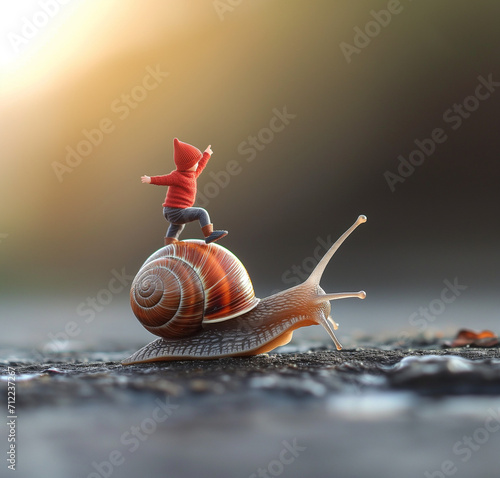 a snail with a child on top, unrealistic,