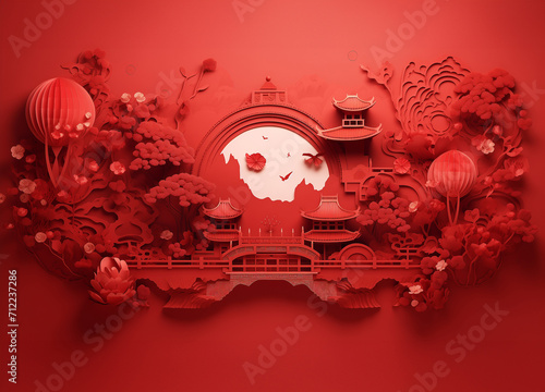 3D red view and Chinese building with tree and flowers on red background GenerativeAI, chinese style, red town with circle in the center of background