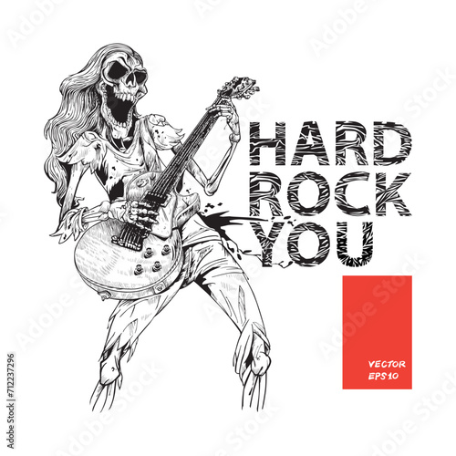 Hand Drawn Of Skeleton Musician Rocker Playing Guitar Images, Illustration, Poster, Postcard, Vector , Tshirt, ceramic. 