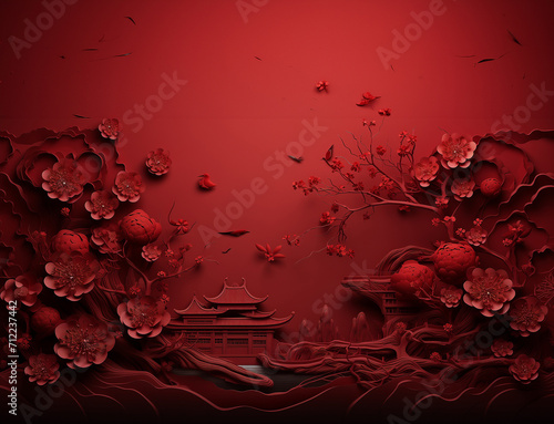 3D red view with tree and flowers on red background GenerativeAI, chinese style, red town