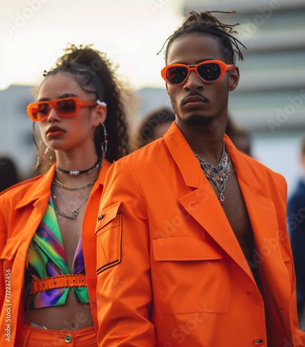 a man in an orange blazer and a woman in an orange jacket model their new outfits at a fashion show, 