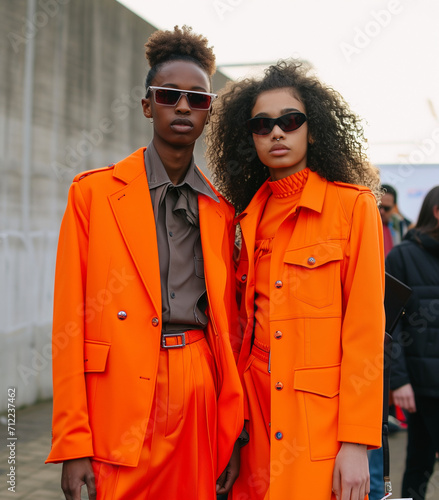 a man in an orange blazer and a woman in an orange jacket model their new outfits at a fashion show, 