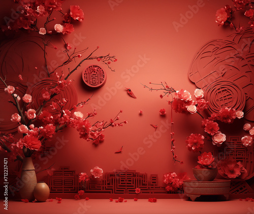 Red background Chinese style with flowers decorations on red background GenerativeAI