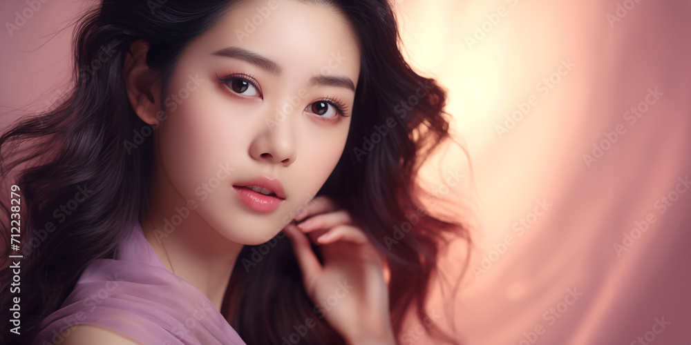 An exquisite Asian woman with clear skin and a thoughtful expression, her hair caressed by a warm light An exquisite Asian woman with clear skin and a thoughtful expression, her hair caressed by a warm light