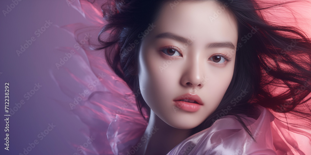 A striking Asian woman with translucent skin, her hair flowing amidst a backdrop of soft pink feathers A striking Asian woman with translucent skin, her hair flowing amidst a backdrop of soft pink feathers