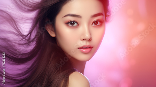 Close-up of a serene Asian woman with flowing hair and flawless skin against a soft pink backdrop