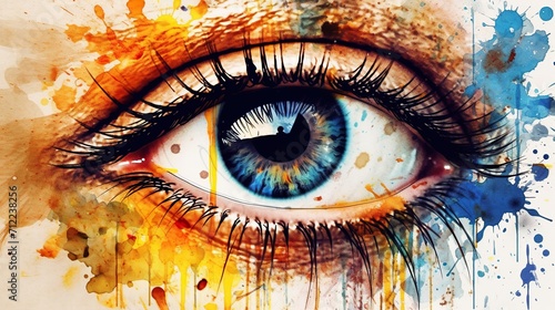 Vibrant artistic close-up of a blue eye with colorful paint splashes, representing creativity and makeup art. photo