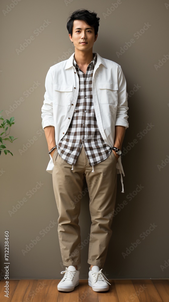 Asian man standing with hands in pockets wearing white jacket brown pants and white sneakers Asian man standing with hands in pockets wearing white jacket brown pants and white sneakers
