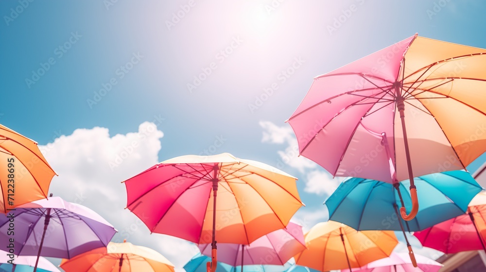 Colorful umbrella under sunny sky with palm trees, tropical vacation concept.