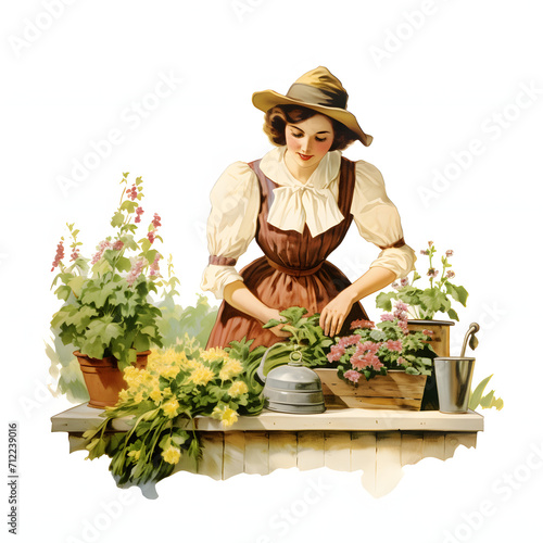 Individual gardening in a home garden or balcony isolated on white background, vintage, png
 photo