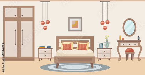 Cozy bedroom. Bedroom interior: bed, dressing table with chair, carpet, potted plants, wardrobe, painting above the bed. Interior concept. Vector flat illustration.
