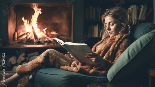 Mujer joven sentada en el sillón leyendo un libro tomando un descanso tapada con una manta cerca de la chimenea encendida en un salón acogedor.
 photo