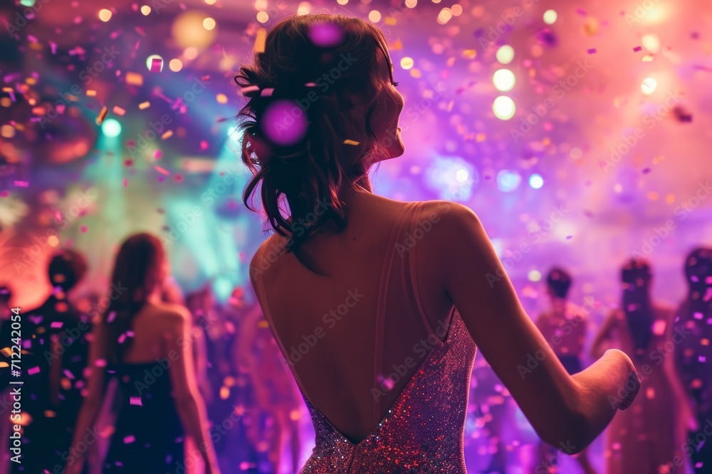 Woman enjoying a party with colorful lights and confetti. Woman enjoying a party with colorful lights and confetti.
