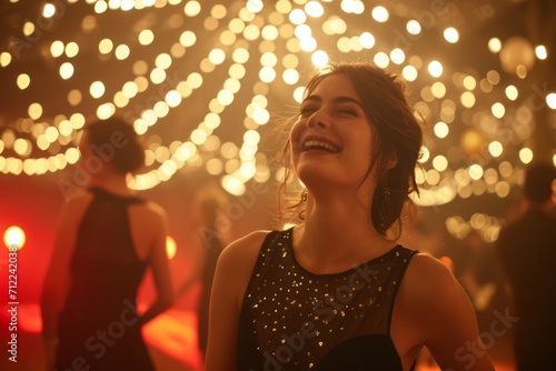Woman enjoying a party with colorful lights and laser beams in the background.
