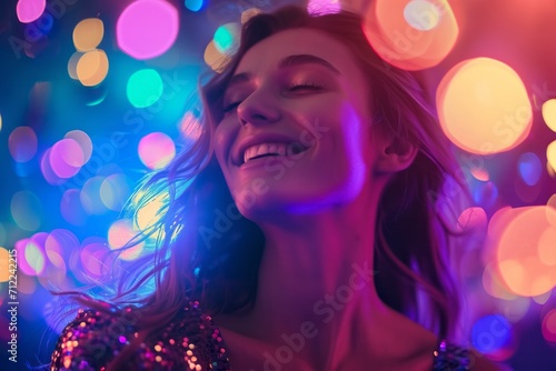 Joyful woman with sparkling dress enjoying party atmosphere with colorful bokeh lights background.