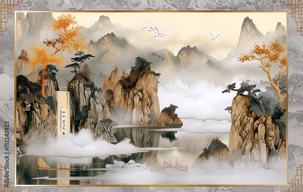 custom made wallpaper toronto digitalSilk painting landscape wallpaper chinese wallpaper landscape, 3d wallpaper, in the style of symbolic figurative landscapes, gray and amber, lively seascapes, cloisonnism, flat yet expressive.