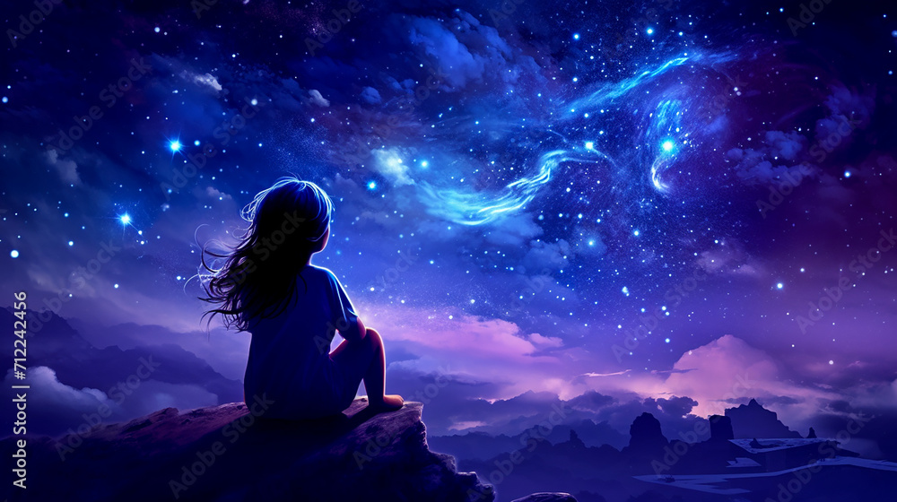 Cute little girl looks at the night sky with galaxies, reflects on the vastness of the universe. Dark background, dark purple colors. Banner. Cute little girl looks at the night sky with galaxies, reflects on the vastness of the universe. Dark background, dark purple colors. Banner.