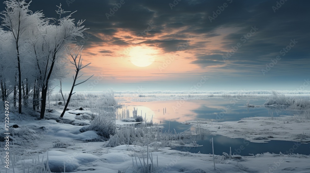 Winter Wonderland, Snowy Forest Beside a Frozen Lake