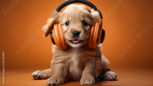 Cute little puppy with headphones