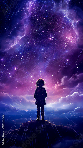 Cute little girl looks at the night sky with galaxies, reflects on the vastness of the universe. Dark background, dark purple colors. Vertical image