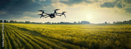 Industrial drone flies over a green field and sprays useful pesticides to increase productivity and destroys harmful insects. Modern technologies in agriculture. Smart technology concept photo