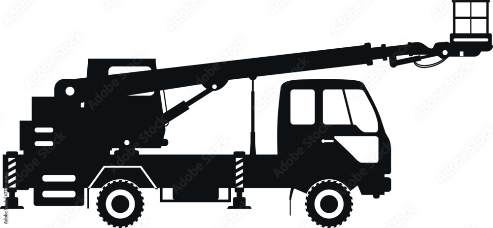 Silhouette of Aerial Work Platform Bucket Truck Icon in Flat Style. Vector Illustration Silhouette of Aerial Work Platform Bucket Truck Icon in Flat Style. Vector Illustration