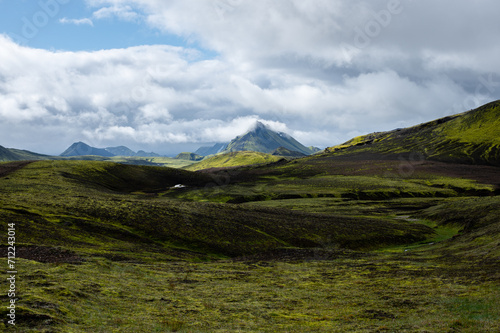 Amazing Icelandic landscape with mountains and field on a sunny day at famous Laugavegur hiking trail, South Iceland. Acid colours landscape.