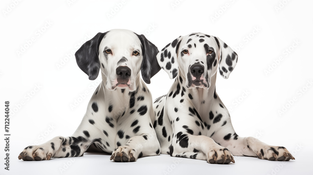 photograph of two dalmatians on white background 