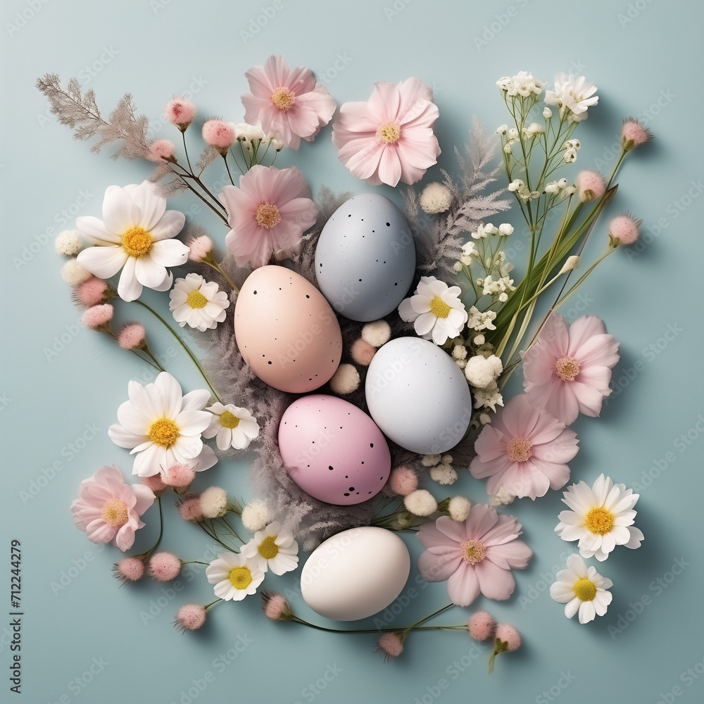 A vibrant display of new life and renewal, as delicate flowers surround a collection of colorful easter eggs, creating a heartwarming indoor scene