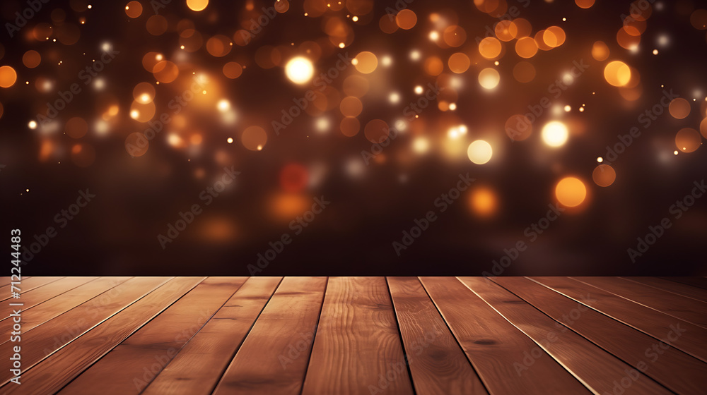 Empty wooden table top snow backgrounds Christmas, generative Ai