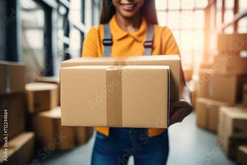 female worker holding cardboard box in logistic warehouse 