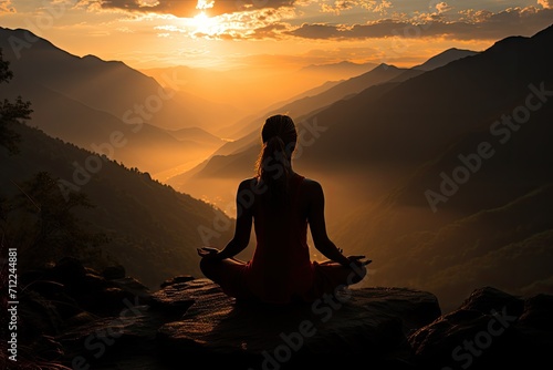 Silhouette of a yoga girl is practicing on the top of a hill while sunset.