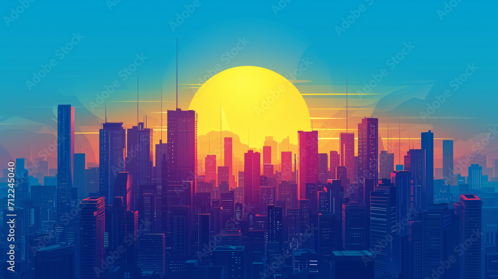 A minimalist cityscape illustration with vibrant blue and yellow tones. 