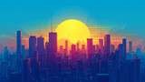 A minimalist cityscape illustration with vibrant blue and yellow tones. 