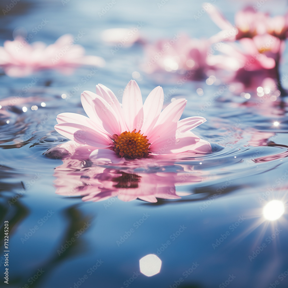 A delicate pink petal drifts serenely on the surface of the rippling water, embodying the beauty and tranquility of an aquatic plant in its natural outdoor setting